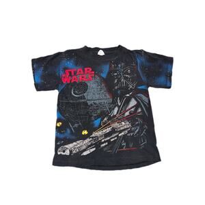 VTG 90'S STAR WARS DARTH VADER AOP BLACK FADED T-SHIRT SZ 10-12 DELTA DEATH STAR